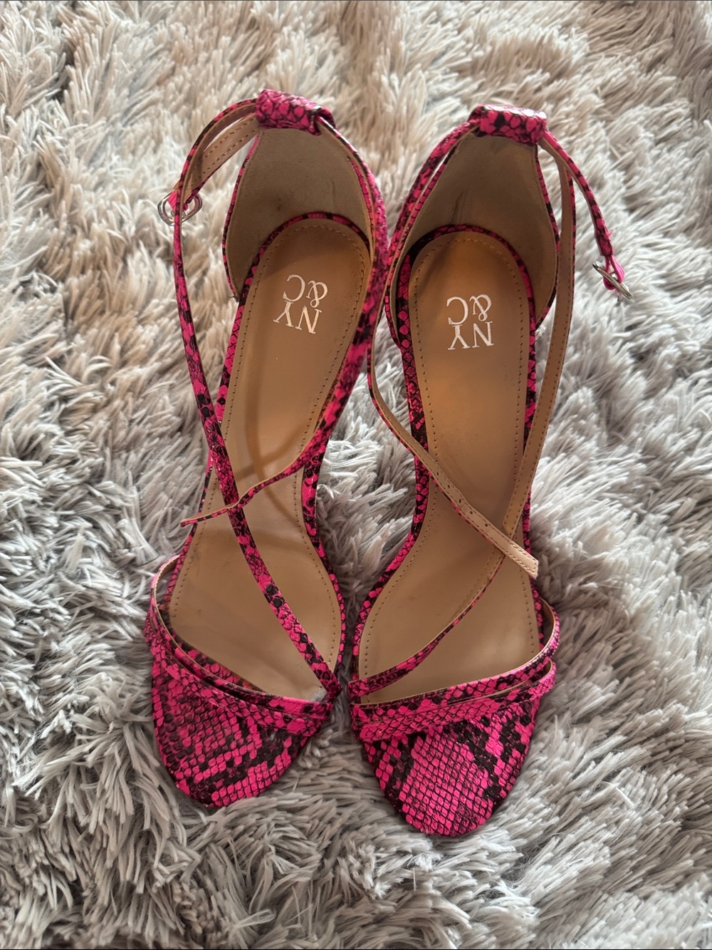 New York & Company Hot Pink Snakeskin Ankle-Strap Heels